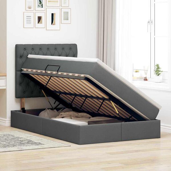 vidaXL Cama con almacenamiento y colch&oacute;n Gris oscuro 120 x 190 cm tela