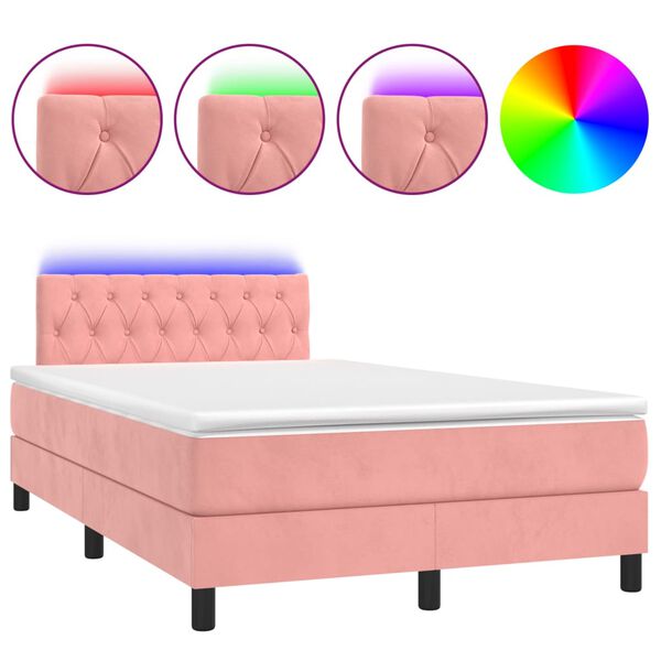 vidaXL Cama box spring colch&oacute;n y LED terciopelo rosa 120x200 cm