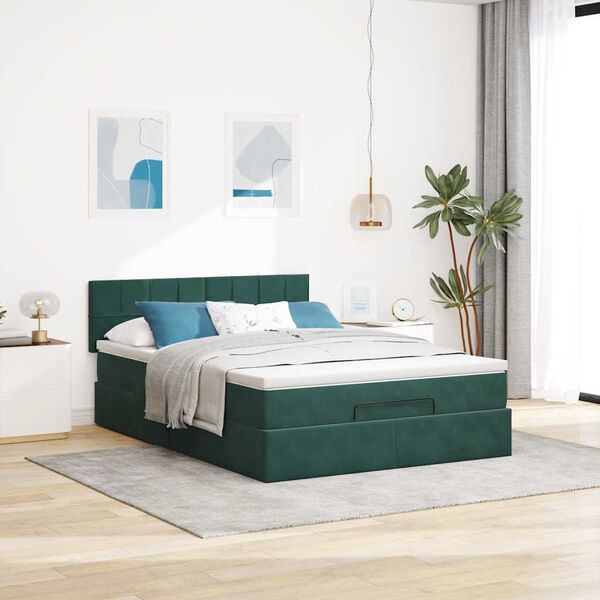 vidaXL Estructura de cama otomana con colch&oacute;n verde oscuro 140x200 cm