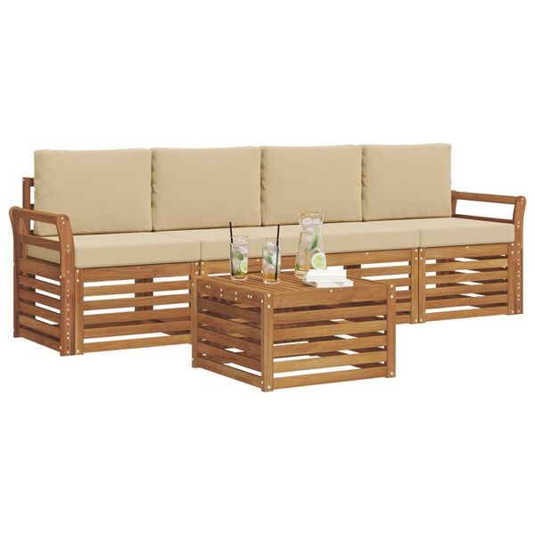 vidaXL Juegos de sof&aacute;s 5 pcs Natural y Beige Madera de Acacia S&oacute;lida