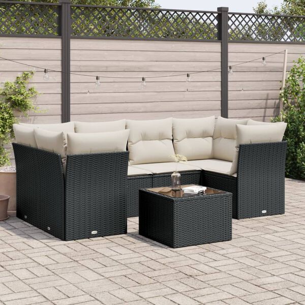 vidaXL Set de comedor de jard&iacute;n 7 pzas y cojines rat&aacute;n sint&eacute;tico negro