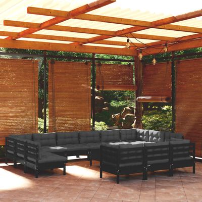 vidaXL Muebles de jardín 14 pzas con cojines negro madera de pino