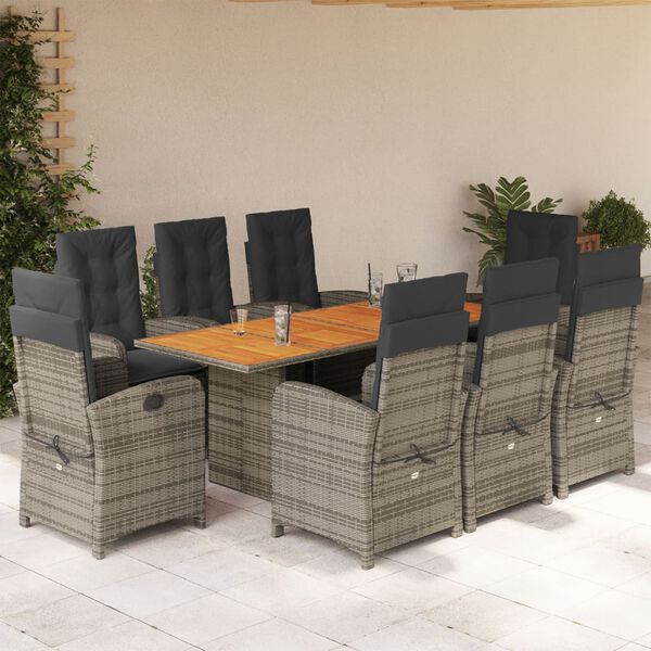 vidaXL Set comedor jard&iacute;n 9 pzas y cojines rat&aacute;n sint&eacute;tico gris