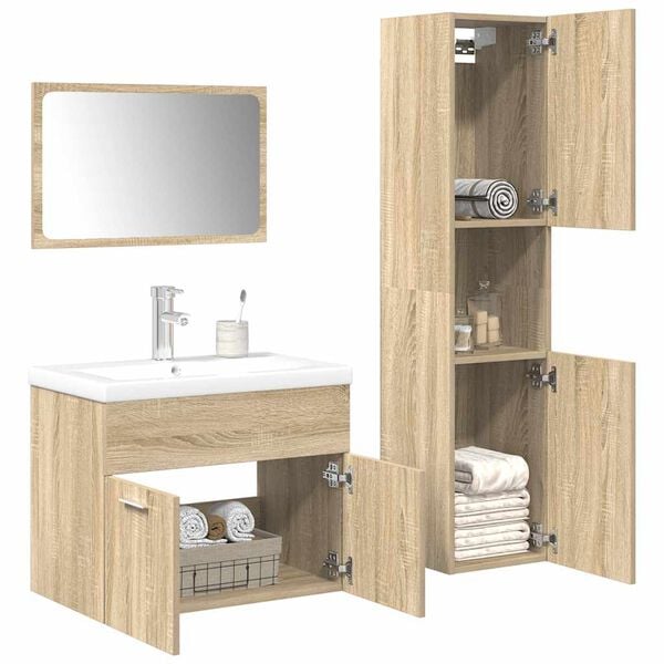 vidaXL Juego de muebles de ba&ntilde;o 4 pzas contrachapada roble Sonoma