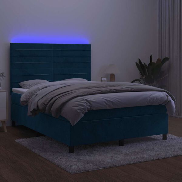 vidaXL Cama box spring colch&oacute;n y LED terciopelo azul oscuro 140x200 cm
