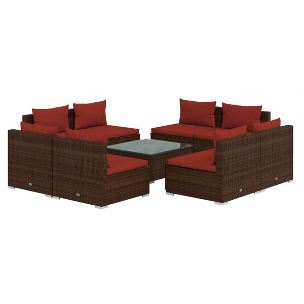 vidaXL Set muebles de jard&iacute;n 9 piezas y cojines rat&aacute;n sint&eacute;tico marr&oacute;n