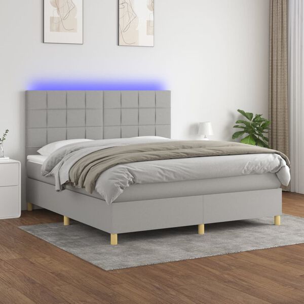 vidaXL Cama box spring colch&oacute;n y luces LED tela gris claro 160x200 cm