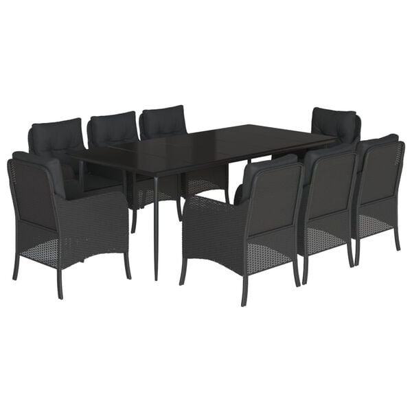 vidaXL Set de comedor de jard&iacute;n 9 pzas y cojines rat&aacute;n sint&eacute;tico negro