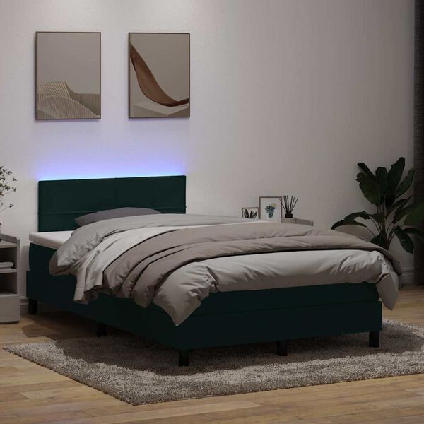vidaXL Cama box spring con colch&oacute;n y LED terciopelo verde oscuro 120x220 cm