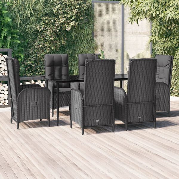 vidaXL Set de comedor de jard&iacute;n 7 pzas y cojines rat&aacute;n sint&eacute;tico negro