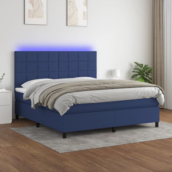 vidaXL Cama box spring colch&oacute;n y luces LED tela azul 160x200 cm