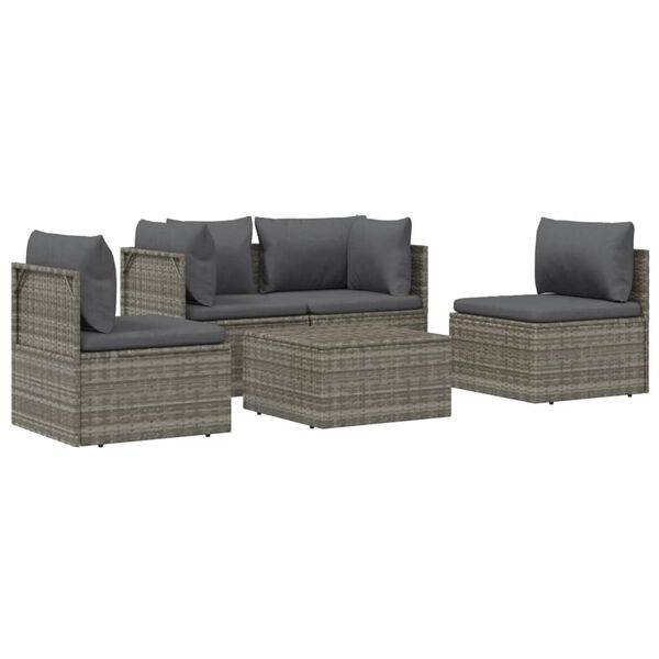 vidaXL Set de muebles de jard&iacute;n 5 pzas y cojines rat&aacute;n sint&eacute;tico gris