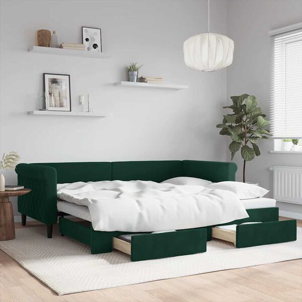 vidaXL Sof&aacute; cama nido con cajones terciopelo verde oscuro 90x200 cm