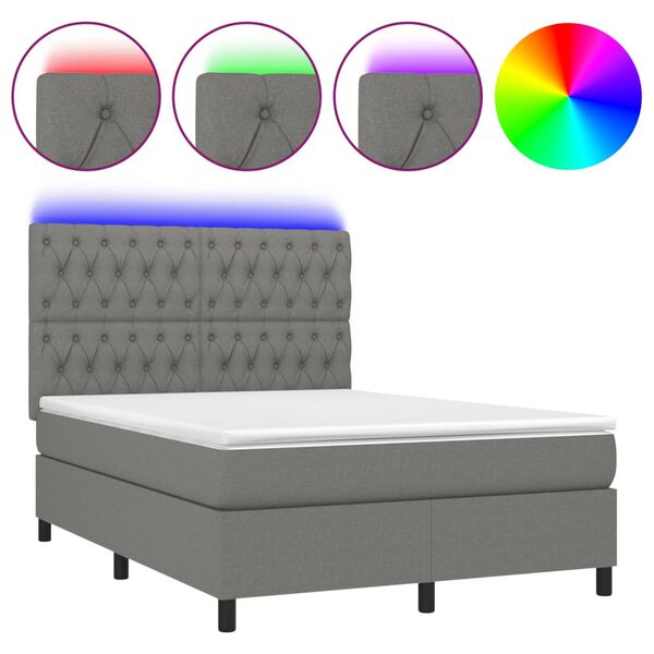 vidaXL Cama box spring colch&oacute;n y luces LED tela gris oscuro 140x200 cm