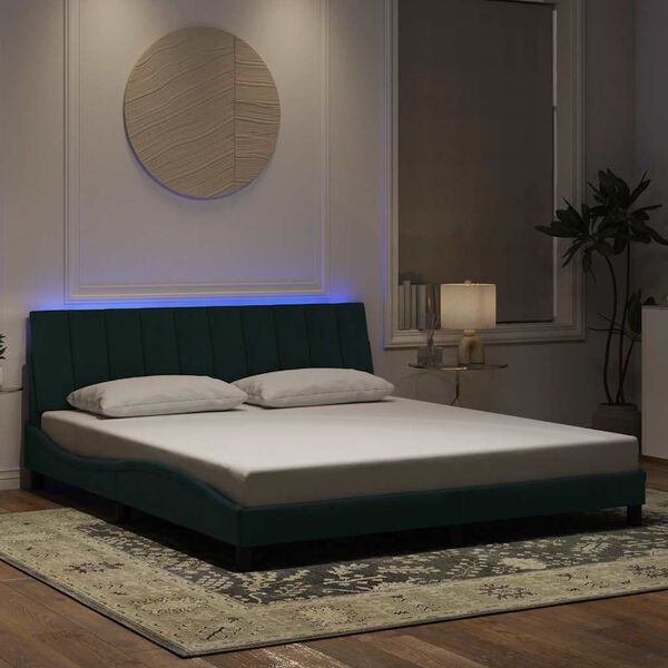 vidaXL Estructura de cama con LED sin colch&oacute;n Hanko terciopelo verde oscuro 180x200cm