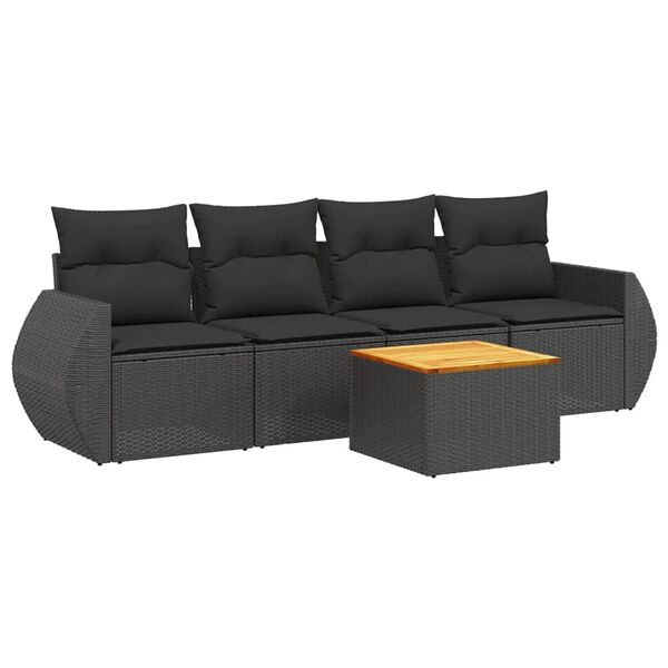 vidaXL Set de muebles de jard&iacute;n 5 pzas y cojines rat&aacute;n sint&eacute;tico negro