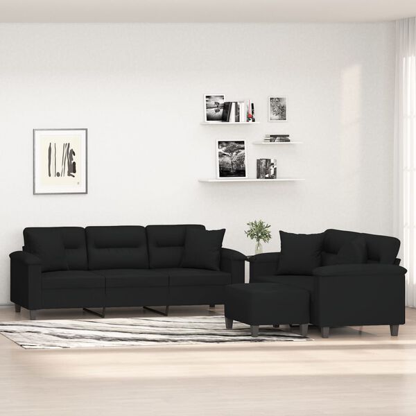 vidaXL Juego de sof&aacute;s con cojines 3 piezas tela microfibra negro