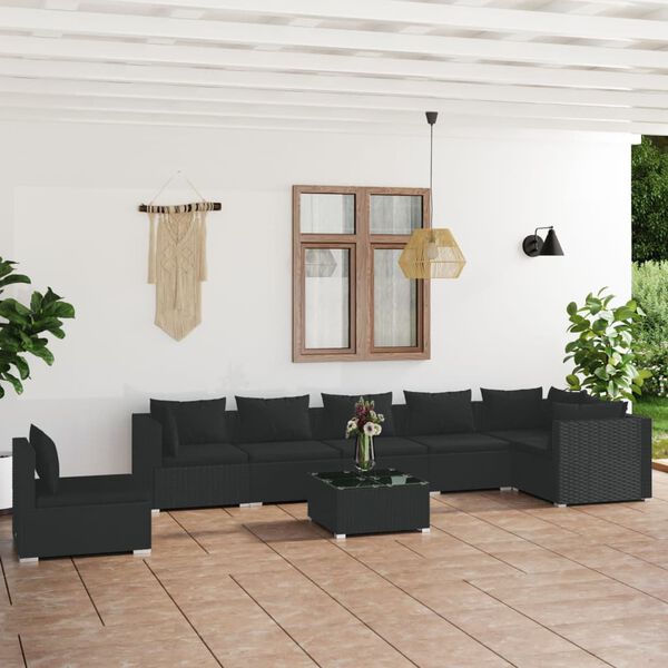 vidaXL Set de muebles de jard&iacute;n 8 pzas y cojines rat&aacute;n sint&eacute;tico negro