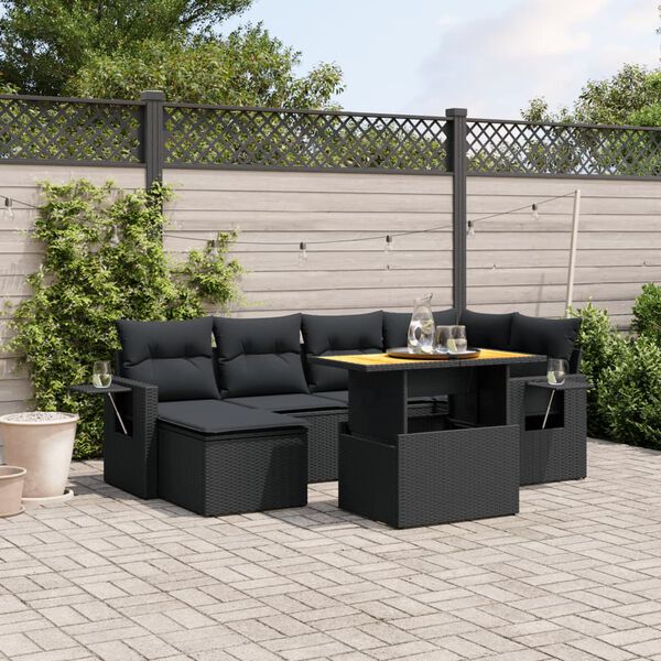 vidaXL Set de comedor de jard&iacute;n 7 pzas y cojines rat&aacute;n sint&eacute;tico negro