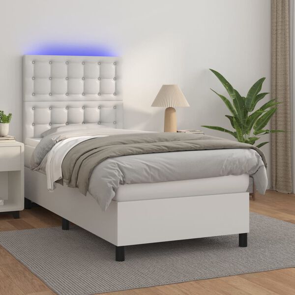vidaXL Cama box spring colchón y LED cuero sintético blanco 100x200 cm