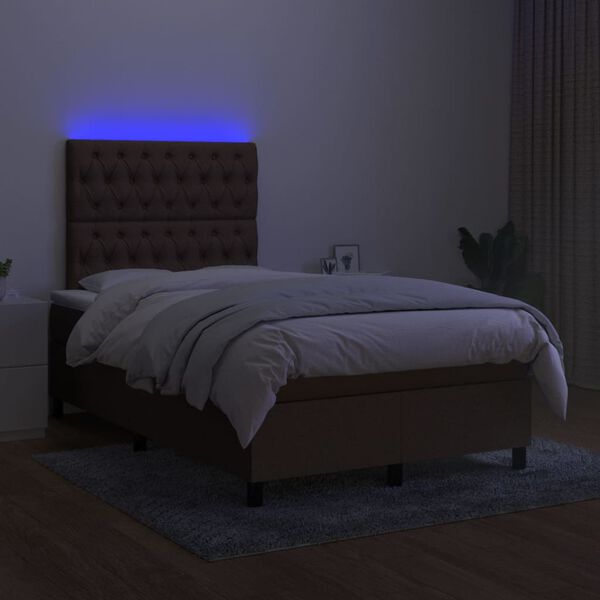 vidaXL Cama box spring con colch&oacute;n y LED tela marr&oacute;n oscuro 120x190 cm