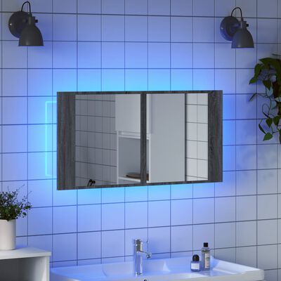 vidaXL Armario espejo de baño luz LED acrílico gris Sonoma 90x12x45 cm