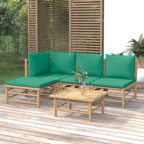 vidaXL Set de muebles de jardín 5 piezas bambú con cojines verde