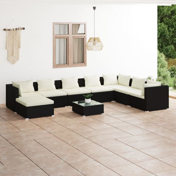 vidaXL Set de muebles de jard&iacute;n 9 pzas y cojines rat&aacute;n sint&eacute;tico negro