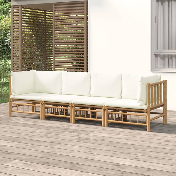vidaXL Set de muebles de jardín 4 piezas bambú y cojines blanco crema