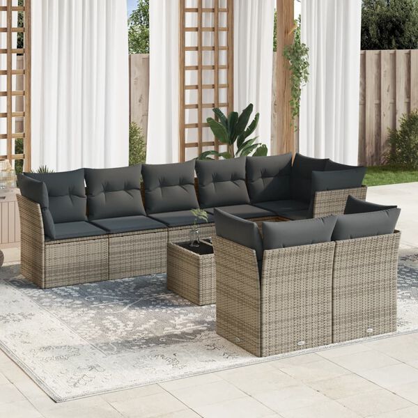 vidaXL Set de muebles de jardín 9 pzas y cojines ratán sintético gris