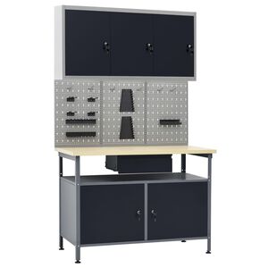 vidaXL Banco de trabajo con tres paneles de pared y un armario