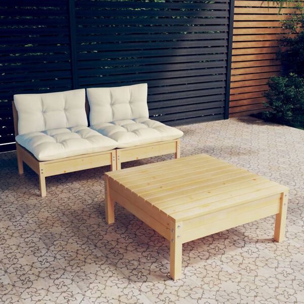 vidaXL Muebles de jard&iacute;n 3 piezas cojines madera de pino crema