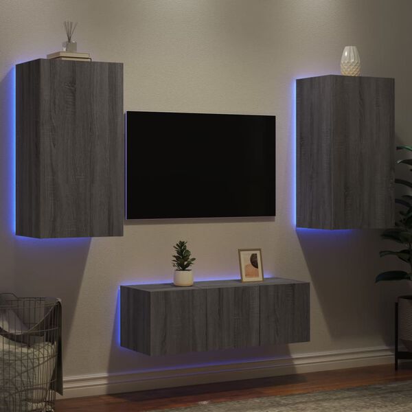 vidaXL Muebles TV pared con LED 4 pzas madera ingenier&iacute;a gris Sonoma