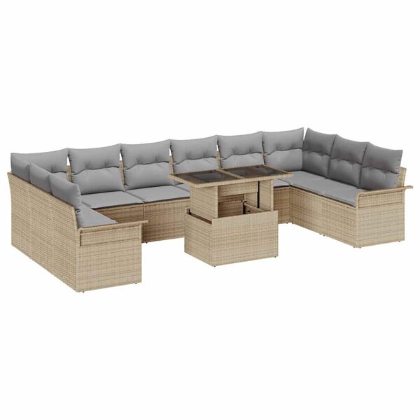 vidaXL Conjunto de sof&aacute; de jard&iacute;n 11 pcs Beige Rattan de Poli&eacute;ster