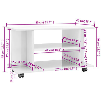 vidaXL Mueble de TV ruedas madera ingeniería blanco brillo 80x40x45 cm