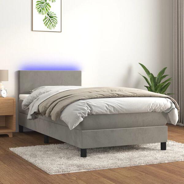 vidaXL Cama box spring colch&oacute;n y LED terciopelo gris claro 90x190 cm
