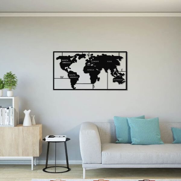 Homemania Decoraci&oacute;n de pared mapa del mundo 90x55 cm metal negro
