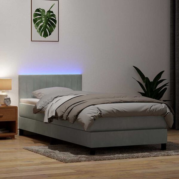 vidaXL Cama box spring con colch&oacute;n y LED terciopelo gris claro 100x210 cm