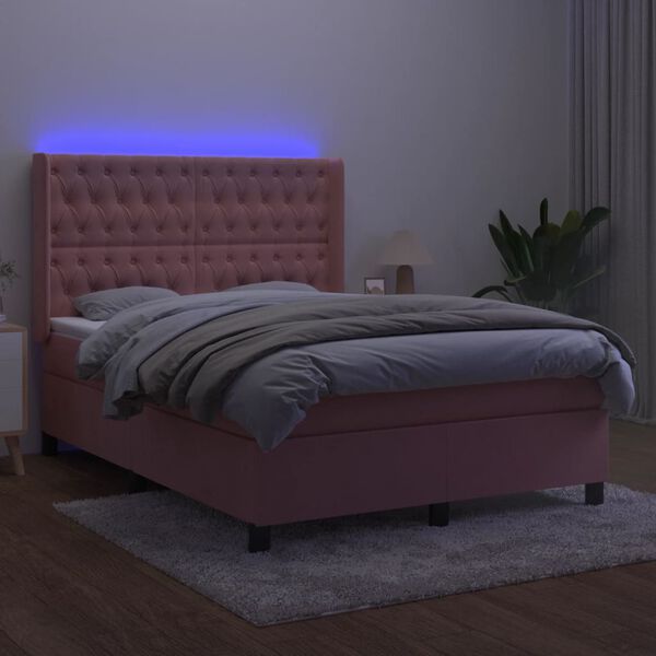 vidaXL Cama box spring colch&oacute;n y LED terciopelo rosa 140x190 cm