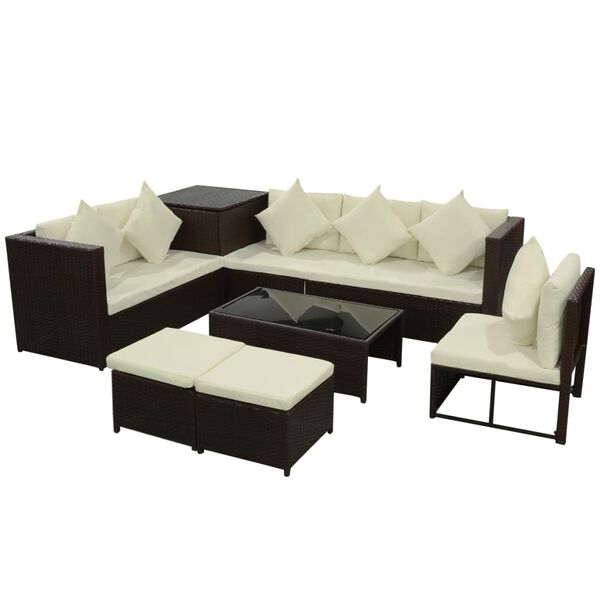 vidaXL Set muebles de jard&iacute;n 8 piezas y cojines rat&aacute;n sint&eacute;tico marr&oacute;n