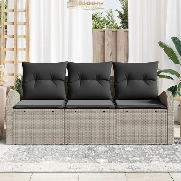 vidaXL Conjunto de sof&aacute; de jard&iacute;n con coj&iacute;n 3 pcs Gris claro Polirat&aacute;n