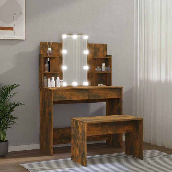 vidaXL Juego de tocador con LED madera contrachapada roble ahumado