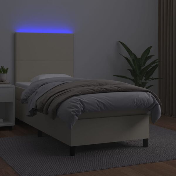 vidaXL Cama box spring y colch&oacute;n LED cuero sint&eacute;tico crema 90x190 cm
