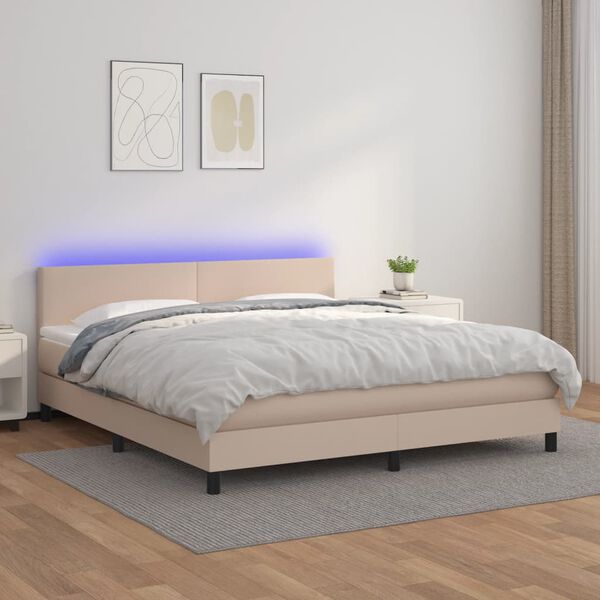 vidaXL Cama box spring colchón LED cuero sintético capuchino 160x200cm