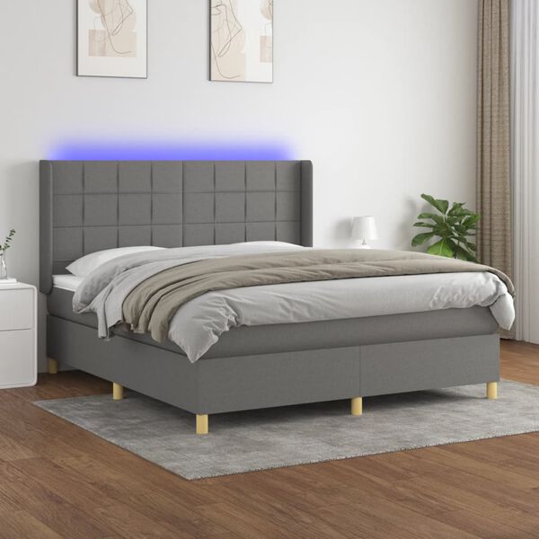 vidaXL Cama box spring colch&oacute;n y luces LED tela gris oscuro 160x200 cm