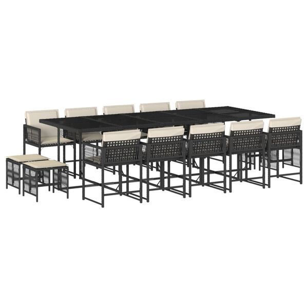 vidaXL Set comedor de jard&iacute;n con cojines 15 pzas rat&aacute;n sint&eacute;tico negro
