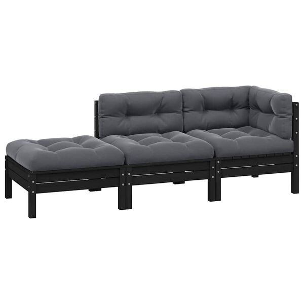 vidaXL Muebles de jardín 3 pzas con cojines negro madera maciza pino