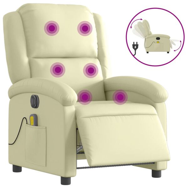 vidaXL Sill&oacute;n reclinable de masaje el&eacute;ctrico cuero aut&eacute;ntico crema