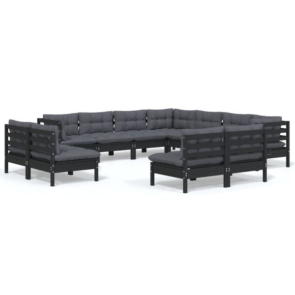 vidaXL Muebles de jardín 11 pzas y cojines negro madera maciza de pino