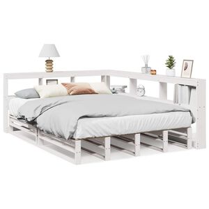 vidaXL Cama con estanter&iacute;a sin colch&oacute;n madera maciza blanca 135x190 cm